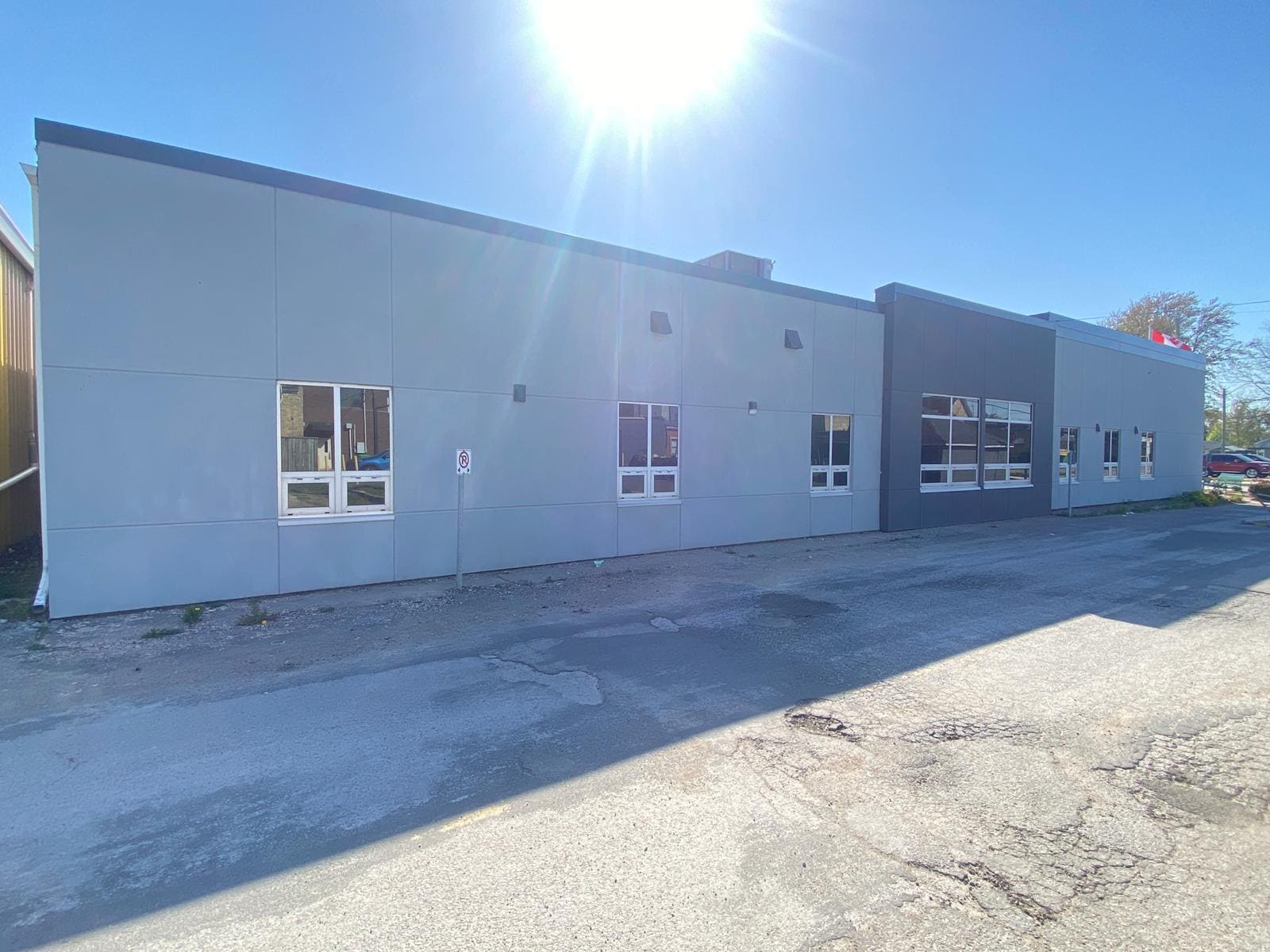 Freshly painted grey commercial building exterior