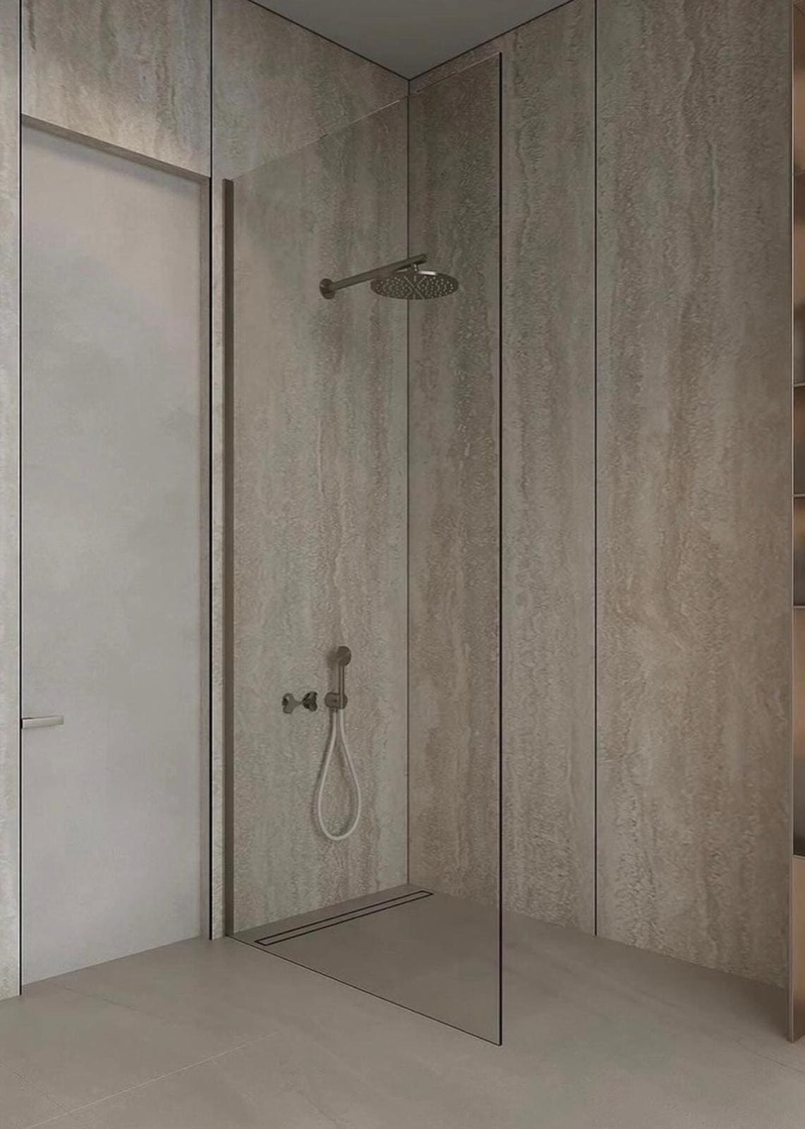 Indoor renovation walk-in shower with travertine-look tile